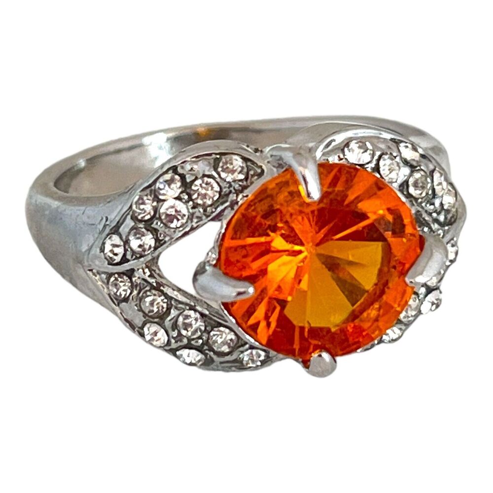 Vintage 1980s Orange Crystal Ring Rhinestone Accents Silver Tone Size 9 - 5Z